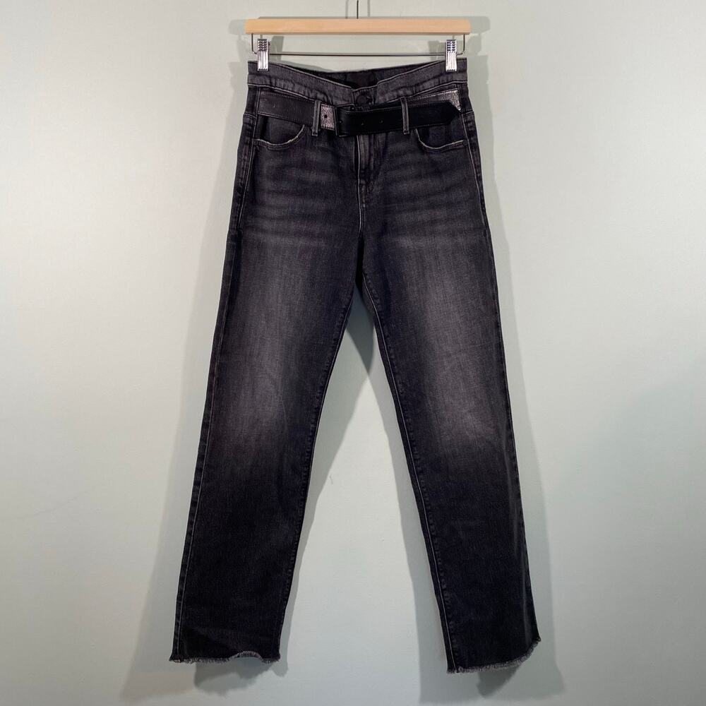 RTA Women Studio Black Leather Belted Straight Flare Ankle Raw Hem Jeans Size XS